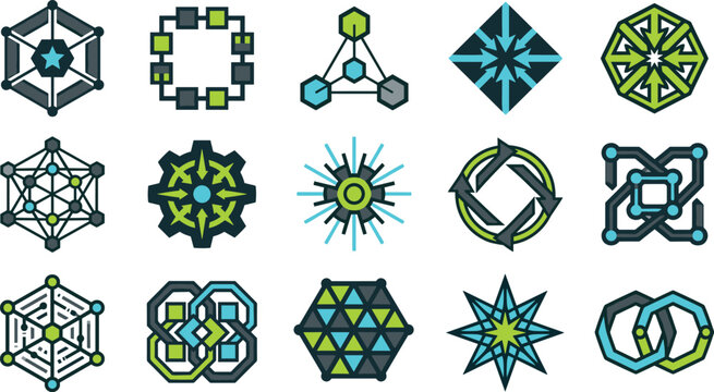 Abstract Tech Geometric Icon Set Featuring Blockchain Nodes Cryptocurrency Symbols Data Networks Digital Connectivity and Modern Tech Brand Logo Design Elements