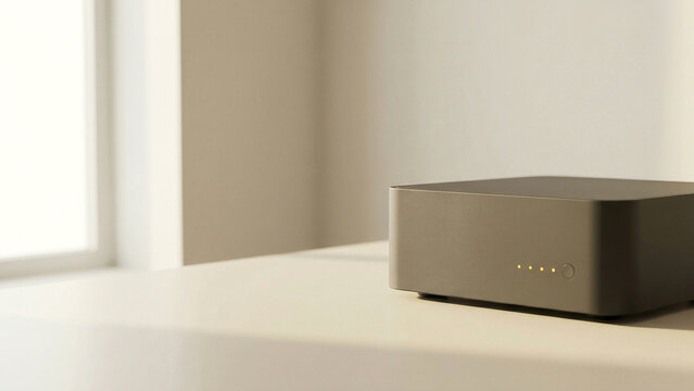 Minimalist Sunlit Smart Home Network Device on White Surface with Soft Bokeh Background Representing Innovation and Future Security Perfect for Technology Branding Website and Smart Home Advertising