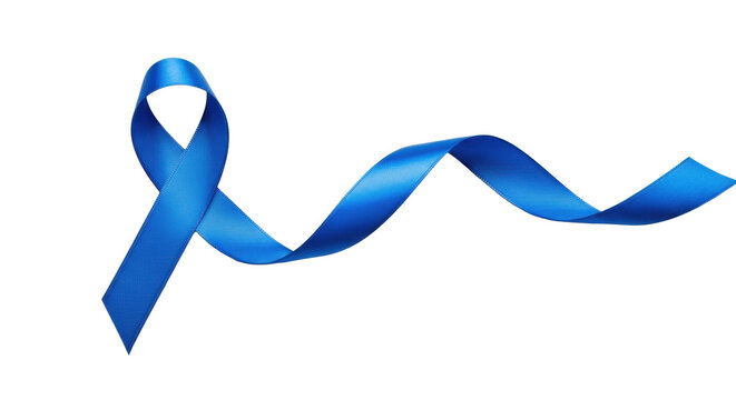 A single, elegant, vibrant blue satin awareness loop ribbon flows dynamically against a transparent studio background, concept of universal awareness and support.