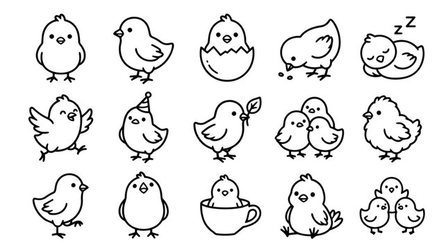 Set of cute outline baby chicks in various poses and actions