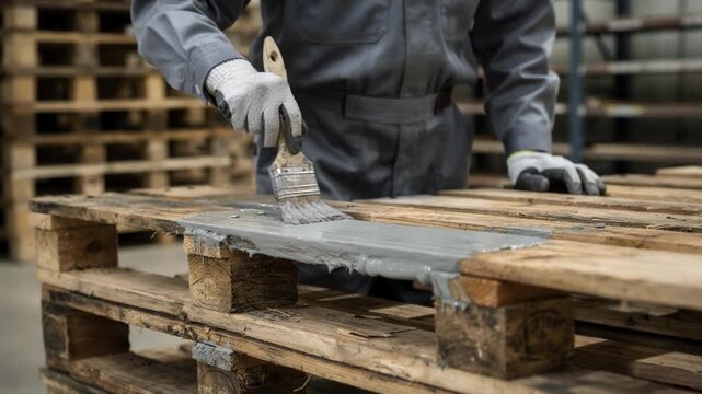Medium shot of a technician repainting an old wooden pallet highlighting the finishing touches that prolong the life and usability of industrial wood packaging.