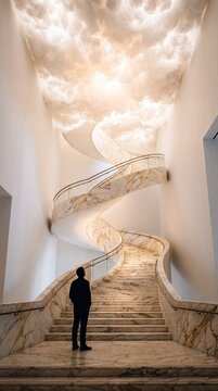 Surreal view of a man standing at the base of a marble spiral staircase leading to a glowing cloud ceiling