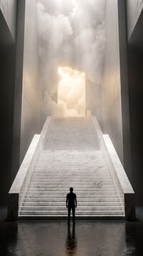A man stands at the bottom of a massive marble staircase leading toward a bright glowing doorway amidst ethereal clouds in a minimalist architectural space
