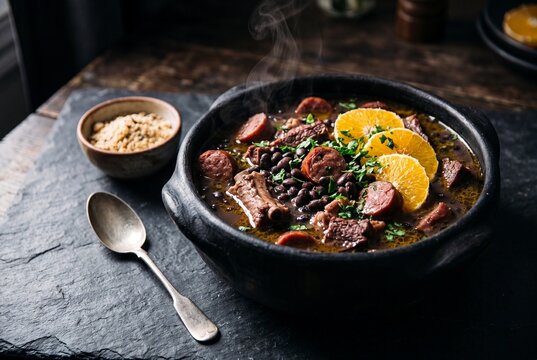 Traditional Brazilian Feijoada Stew with Black Beans, Sausage, and Orange Slices in a Rustic Clay Pot