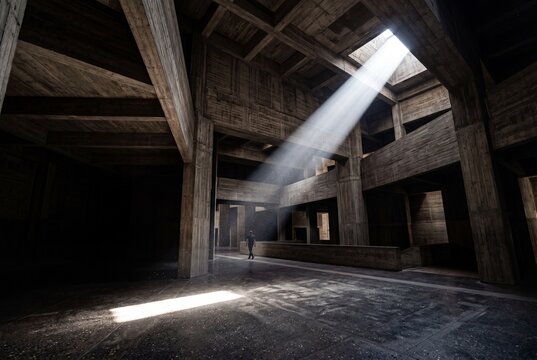 Dramatic light beam shining through a skylight onto a person walking in a large brutalist concrete hall