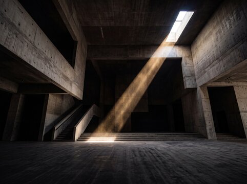Dramatic light ray illuminating the interior of a minimalist brutalist concrete building with stairs and shadows