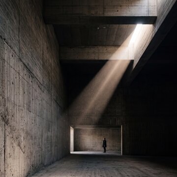 Dramatic light beam illuminating a lone figure in a minimalist concrete architectural hall