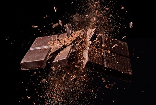 Exploding dark chocolate bar with flying shards and cocoa powder dust against a black backdrop