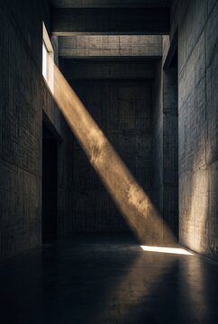 Dramatic sunbeam illuminating a dark minimalist concrete interior with volumetric light and dust particles