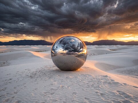 Futuristic chrome orb reflecting a dramatic sunset sky in a vast white sand dune desert during a storm