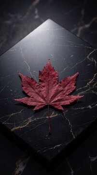 Elegant red maple leaf resting on a dark polished marble surface with dramatic lighting