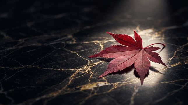 Vibrant red Japanese maple leaf on dark polished marble with gold veining