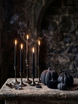 Moody gothic still life with lit black candles and matte pumpkins on a rustic table