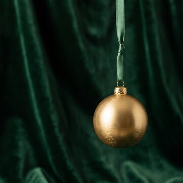 Elegant Gold Christmas Bauble Hanging Against Dark Green Velvet Background