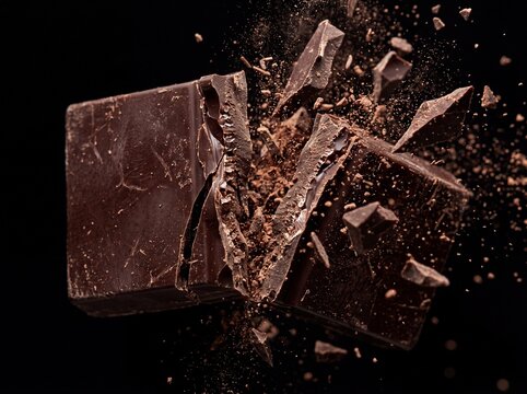 Shattering dark chocolate bar with flying shards and cocoa dust on black background