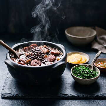 Traditional Brazilian Feijoada in a Steaming Clay Pot with Side Dishes