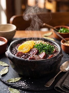 Traditional Brazilian Feijoada served steaming hot in a clay pot with orange slices and kale
