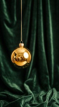 Elegant gold Christmas ornament hanging against a luxurious dark green velvet background