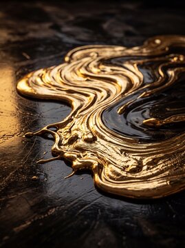 Molten liquid gold flowing and rippling across a dark textured background, creating a luxurious abstract pattern