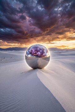 Surreal reflective metallic sphere on white desert sand dunes under a dramatic sunset sky