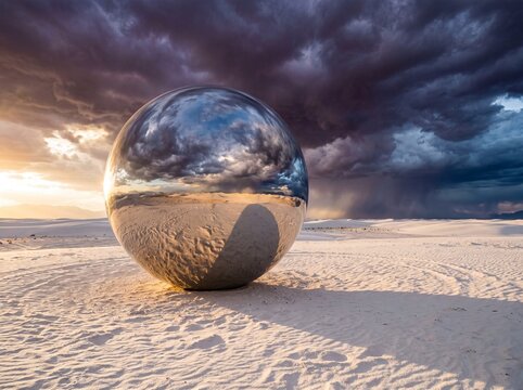 Large reflective chrome sphere sitting on white desert sand dunes under a dramatic stormy sky at sunset