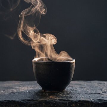 Hot Steaming Tea in a Dark Ceramic Cup on Stone Surface
