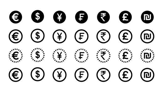 World Currency Symbol Icon Set &mdash; Euro, Dollar, Yen, Franc, Rupee, Pound and Shekel in Four Outline Styles

