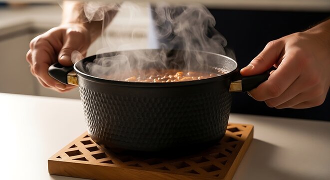 Closeup of a person holding a steaming pot of hot food on a wooden trivet in a kitchen