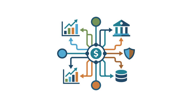 Financial network infographic with dollar sign and connected icons representing data, bank, and security.