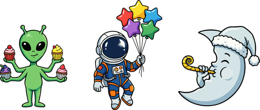 Cartoon space party vector set, cute alien with cupcakes, astronaut holding star balloons, crescent moon with party blower and santa hat