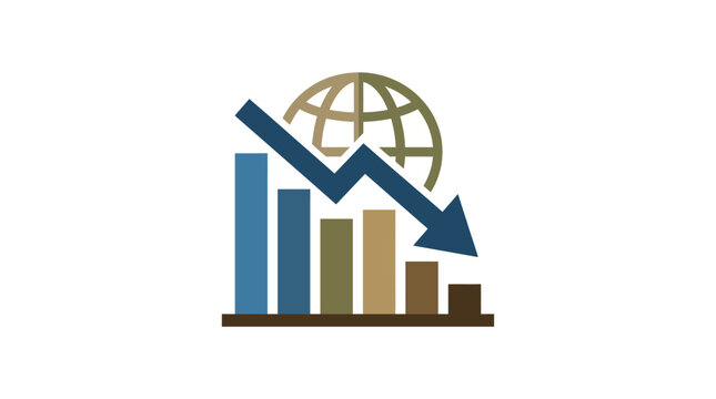 Global business decline graphic with descending bar chart and earth symbol