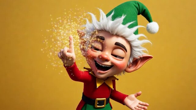 Adorable christmas elf making funny faces and gestures including waving, blowing a kiss, and spreading magical golden glitter
