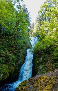 Bridal Veil Falls with Historic Columbia River Highway Bridge in the Columbia River Gorge National Scenic Area