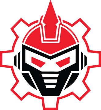 Bold red and black robotic mask design with distinct ear guards contained within a stylized cogwheel for tech branding