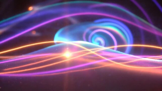 Glowing neon light trails and spiral particles creating a magical glowing vortex in a dark cosmic space with glowing particles