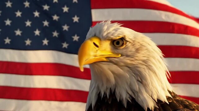 Majestic Bald Eagle Symbolizing American Pride and Freedom with Flag Background.