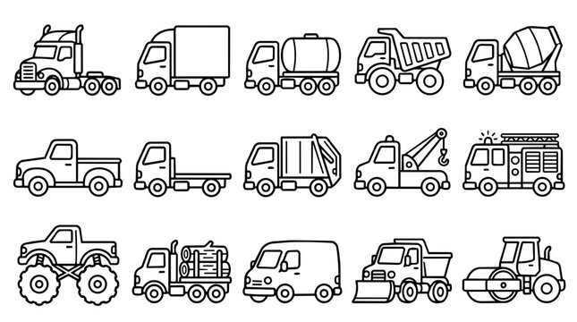 Outline icons set of various trucks and commercial vehicles