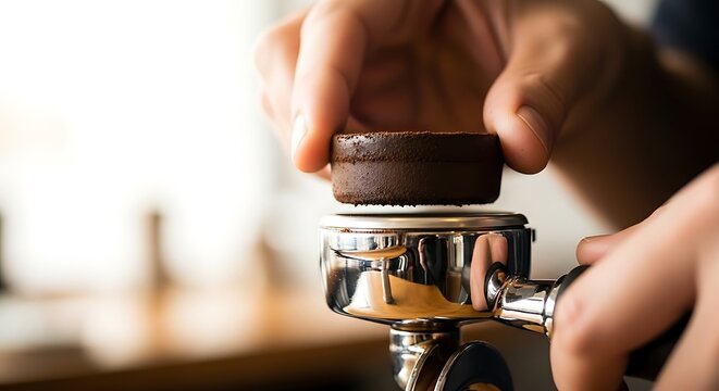 Barista preparing espresso, placing a perfectly tamped coffee puck into the portafilter basket