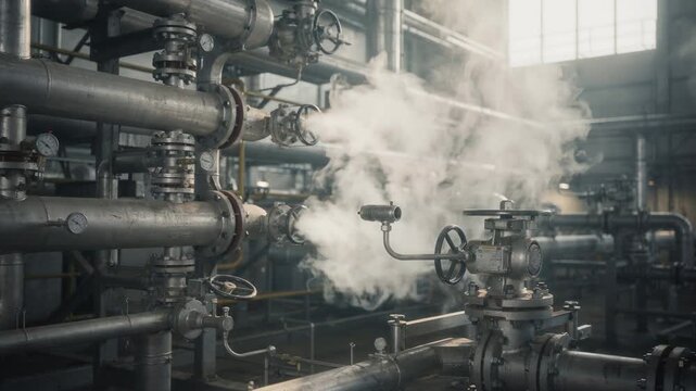 Medium shot of complex utility headers with visible steam vents releasing vapor highlighting industrial safety mechanisms in a cyclic processing plant environment.