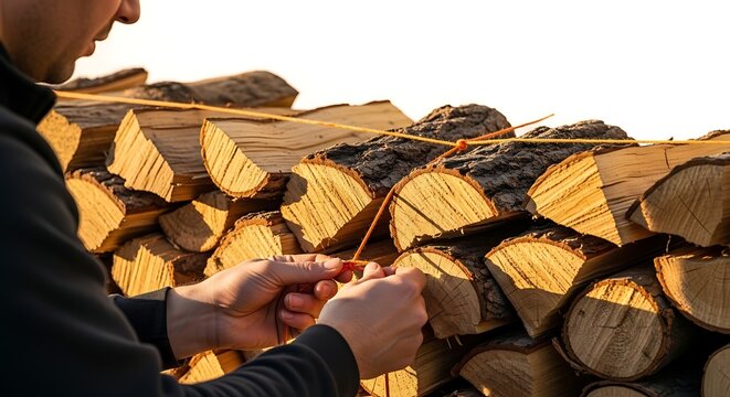A man securing a stack of firewood with a rope outdoors during golden hour