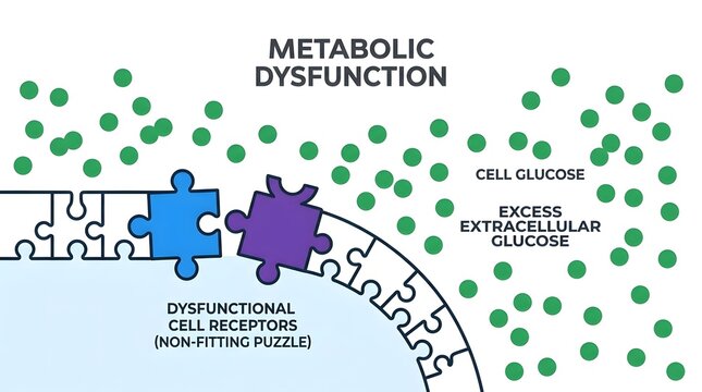 Illustration of metabolic dysfunction showing dysfunctional cell receptors and excess extracellular glucose accumulation.