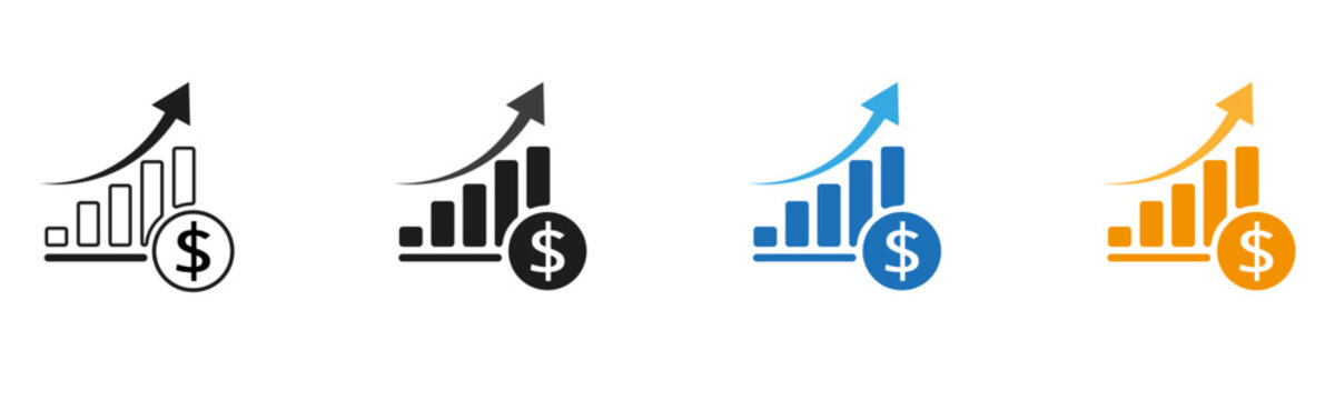 Financial growth icon with dollar coin, rising bar chart and upward arrow. Concept of revenue increase, business growth, financial success, investment return and positive economic performance.