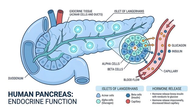 Detailed illustration of the human pancreas showing its endocrine function, including islets of Langerhans, alpha and beta cells, and hormone release into capillaries.