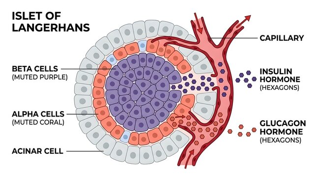Detailed diagram of an Islet of Langerhans showing beta cells, alpha cells, acinar cells, and the secretion of insulin and glucagon hormones into a capillary.