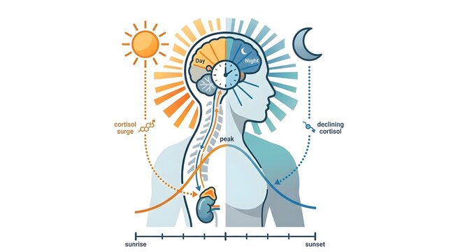 Illustration of the human circadian rhythm showing cortisol levels throughout day and night, regulated by the brain and adrenal glands.
