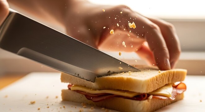 Closeup of a knife cutting a sandwich on a white surface