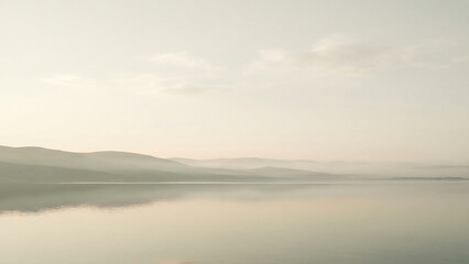 Fototapeta premium Minimalist Serene Lake and Misty Hills Evoking Tranquility Peace and Harmony Perfect for Wellness Branding Background and Meditation Presentation