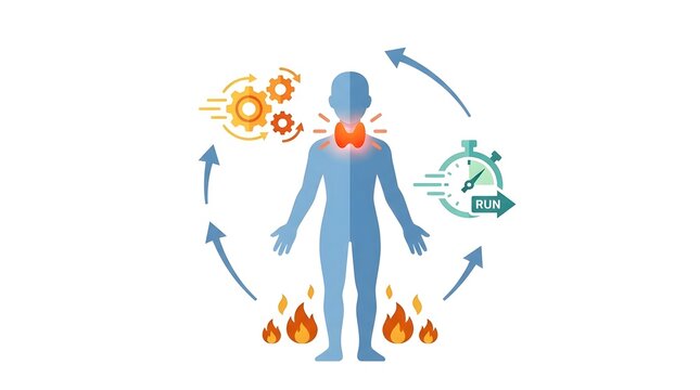Illustration of human thyroid gland function and its role in metabolism, energy regulation, and body temperature control, depicted with gears, stopwatch, and flames.