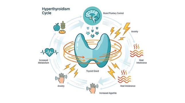 Illustrative diagram explaining the hyperthyroidism cycle and its various symptoms and effects on the human body.