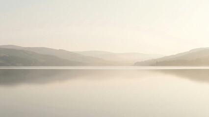 Fototapeta premium Radiant Sunrise Mist Over Calm Lake and Sunlit Hills Inspiring Hope Peace and Serenity Perfect for Wellness Background Meditation Marketing and Landscape Poster